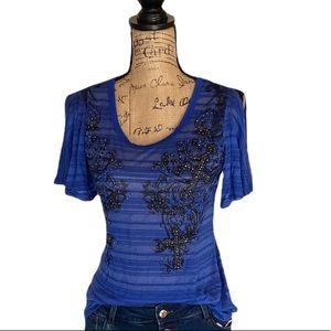 Vocal blue/black striped sequin cold shoulder ruffled short sleeve top